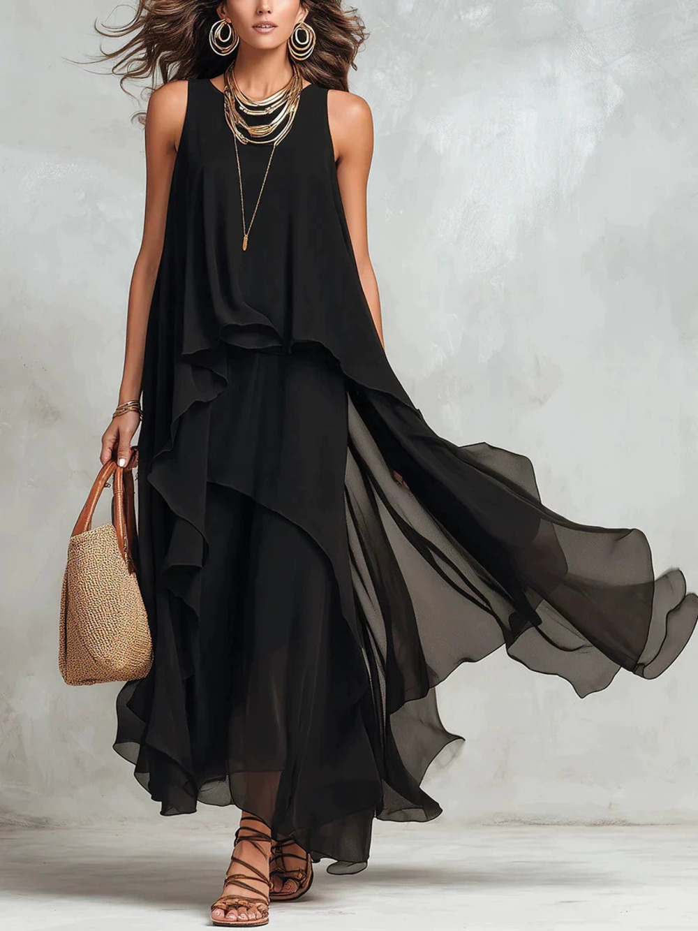 ZARA Elegant Black Summer Bohemian Flowy Asymmetric Sleeveless Tank Maxi Dress